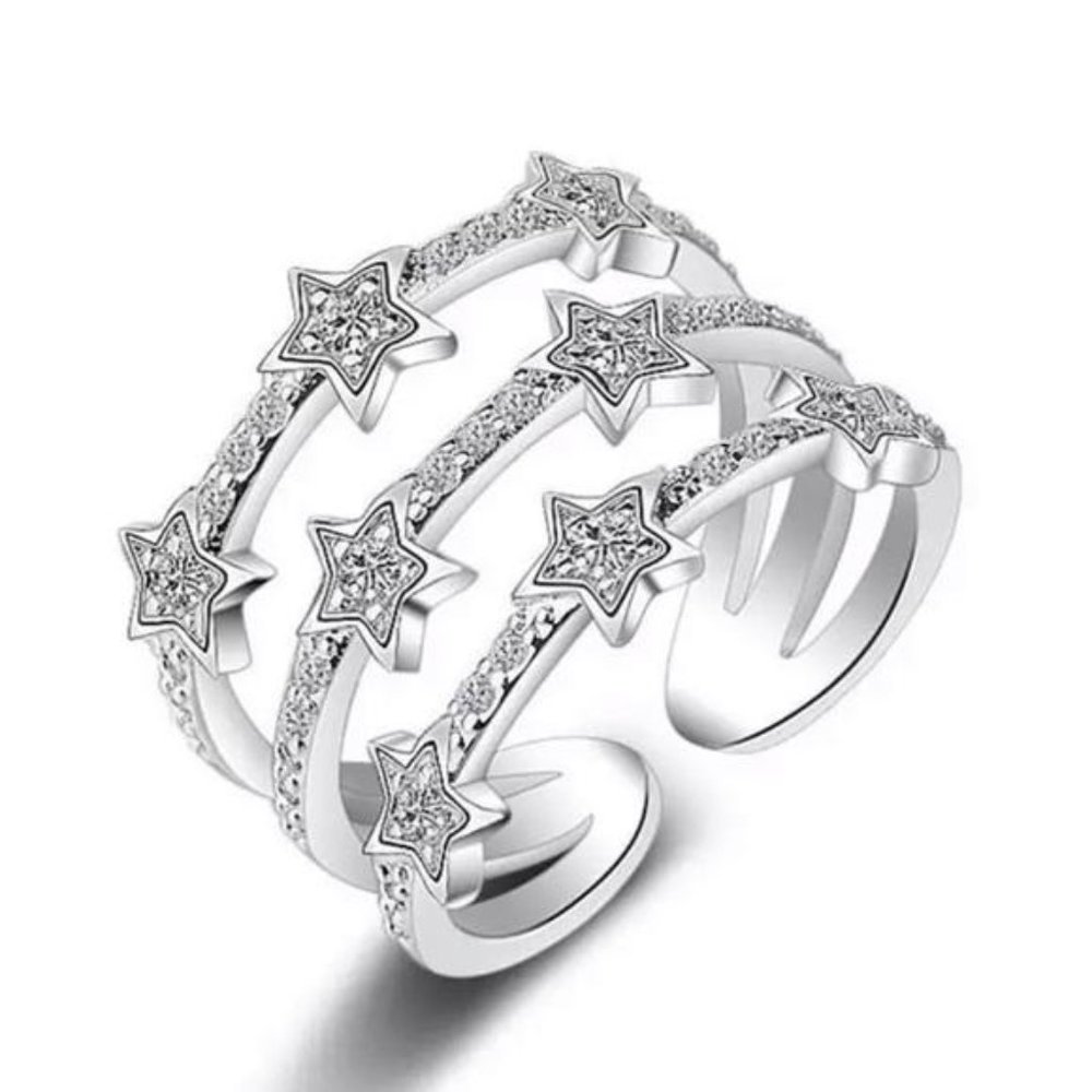 925 STERLING SILVER DIAMOND MULTI LAYER ADJUSTABLE RING, CUTE RING, SHINY RING. - Picture 2 of 5